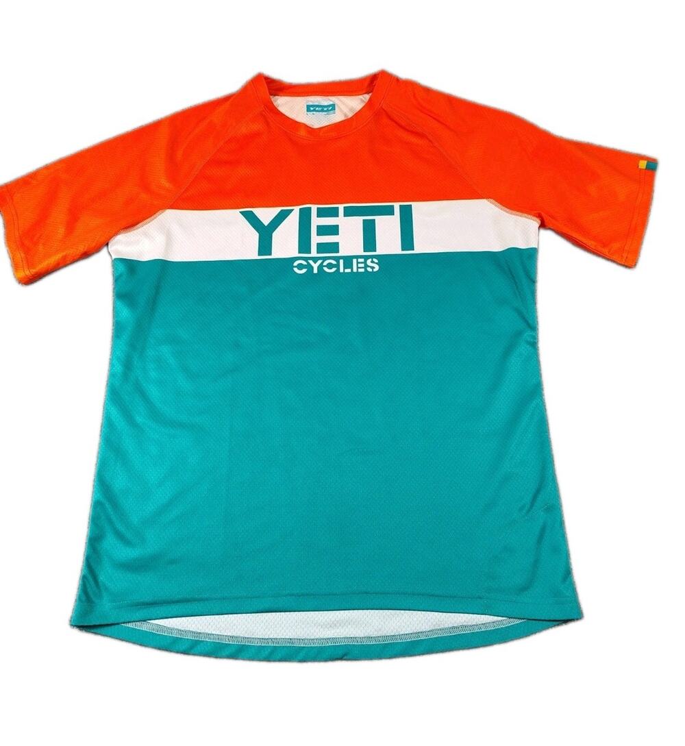 Yeti Cycles Jersey Shirt Men's L Teal Biking Cycling Stretch Lightweight EUC